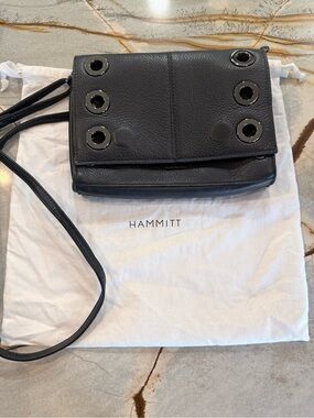 Hammitt Montana Black Leather Crossbody Clutch with Gunmetal Grommets Rivets